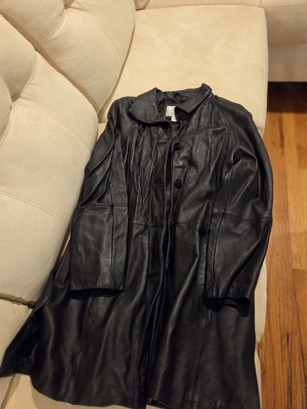Classic Black Leather Women's Coat - Sleek Button-Front Design